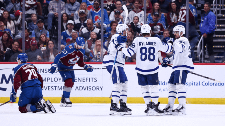 William Nylander and Maple Leafs teammates celebrate against Colorado.