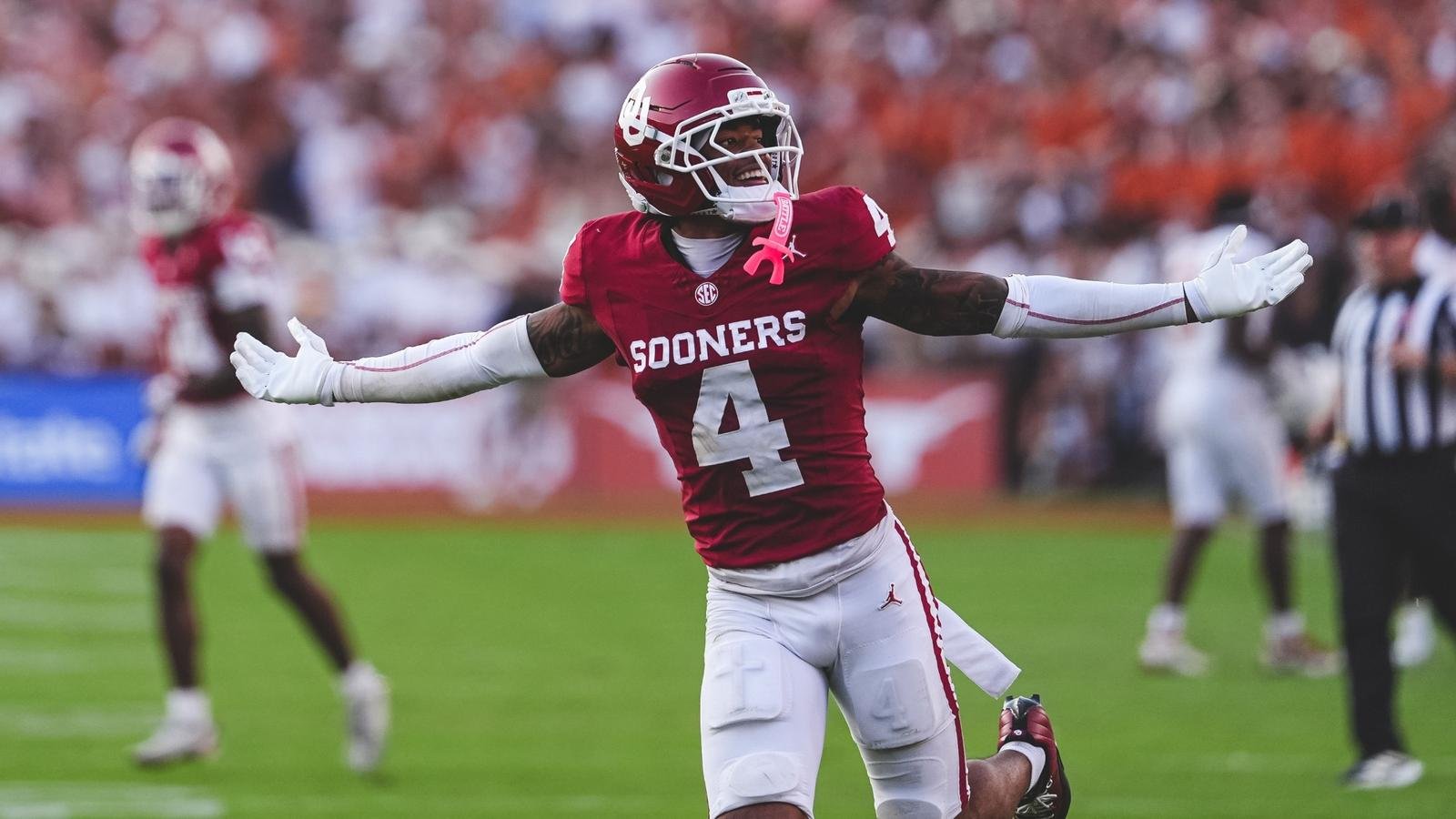 An Oklahoma player celebrates during the Red River rivalry.
