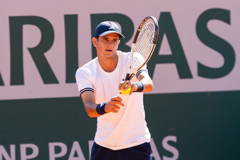 Rafael Jodar prepares to serve at Roland Garros in May 2026.