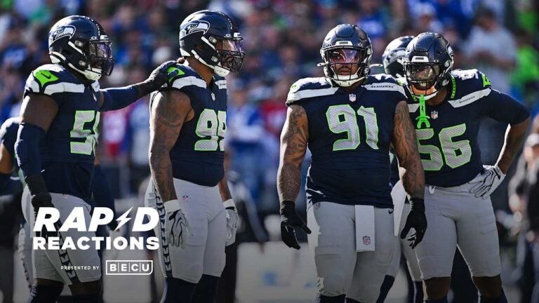 Seattle Seahawks defenders celebrate during the October 11, 2026 game against San Francisco.