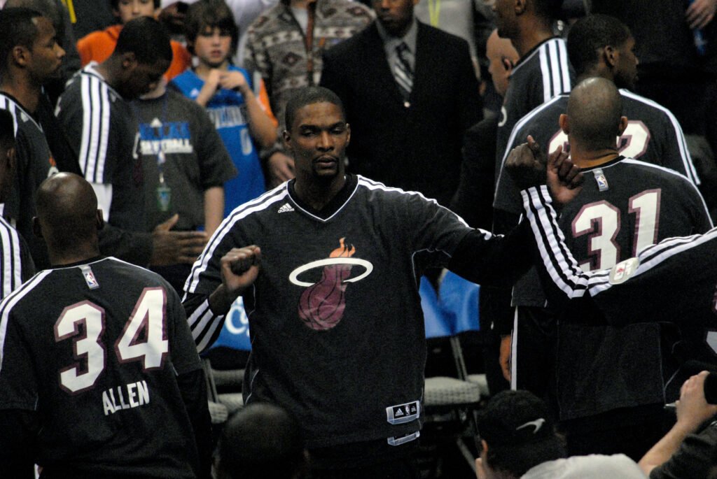 Chris Bosh among his Miami Heat teammates in December 2012.