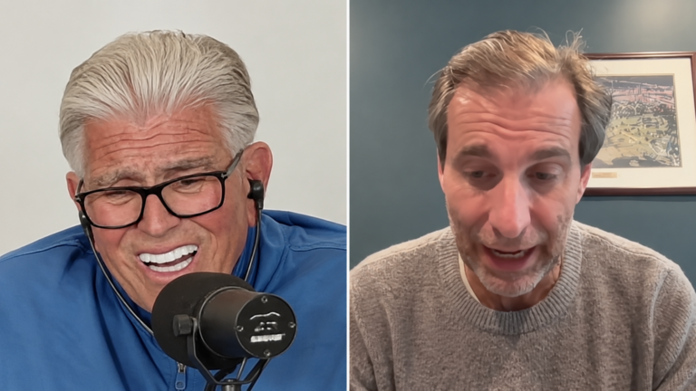 Split photo composite of Mike Francesa in glasses at a microphone and Chris Mad Dog Russo in a gray sweater.