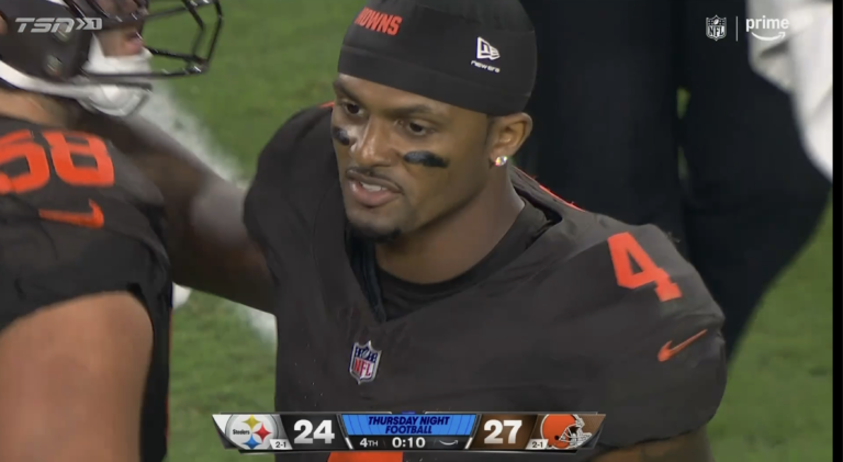 Deshaun Watson on the Browns sideline with Cleveland leading Pittsburgh 27–24 late in the fourth quarter.