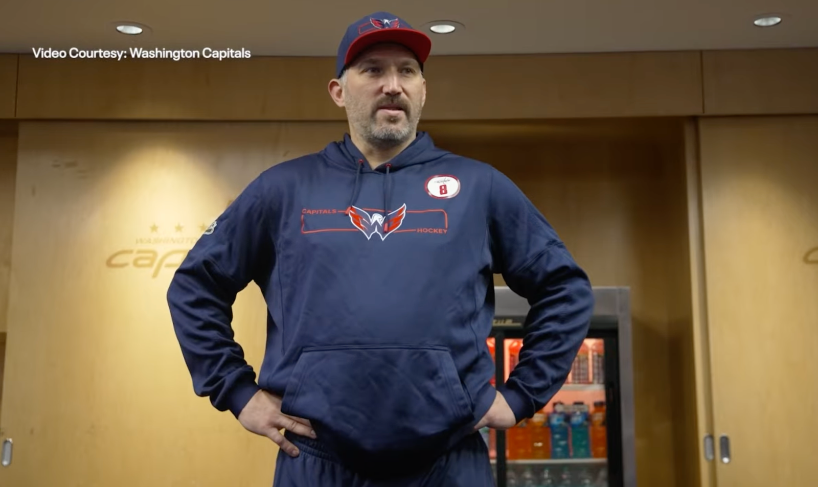 Alex Ovechkin stands in the Capitals’ locker room while addressing his teammates.