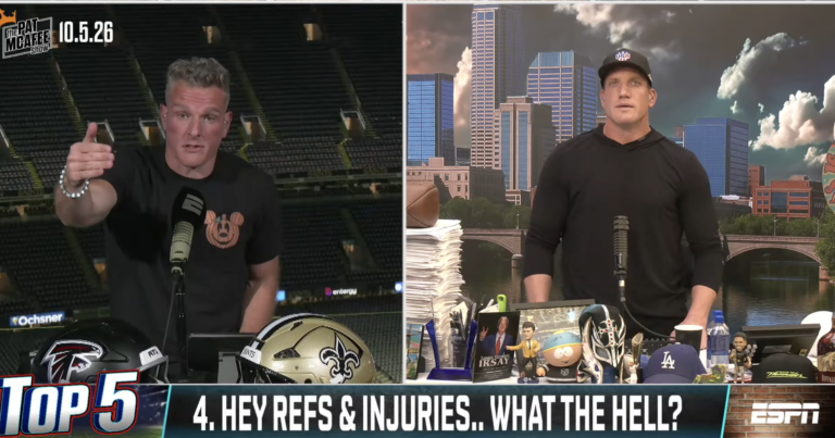 Pat McAfee, left, and A.J. Hawk discuss NFL officiating on The Pat McAfee Show.