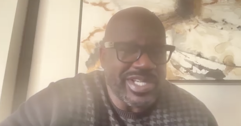 Shaquille O’Neal wearing black glasses during the Rushmore Podcast discussion.