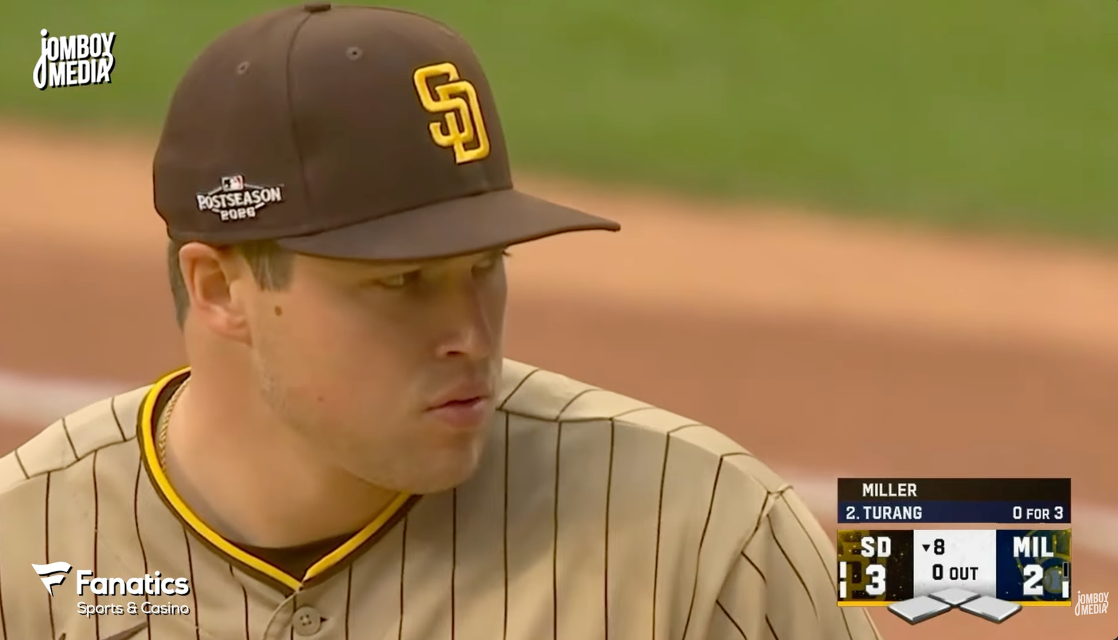 Mason Miller on the mound with San Diego leading Milwaukee 3-2 in the eighth inning of NLDS Game 2.