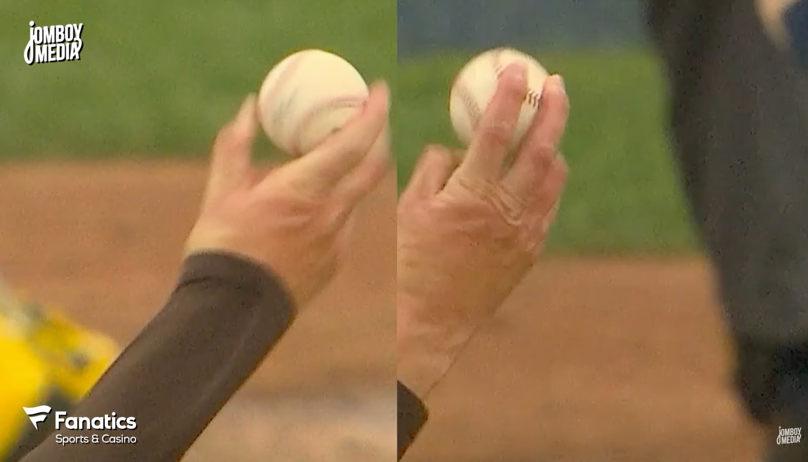 Side-by-side close-ups of Mason Miller’s slider grip on the left and four-seam fastball grip on the right.
