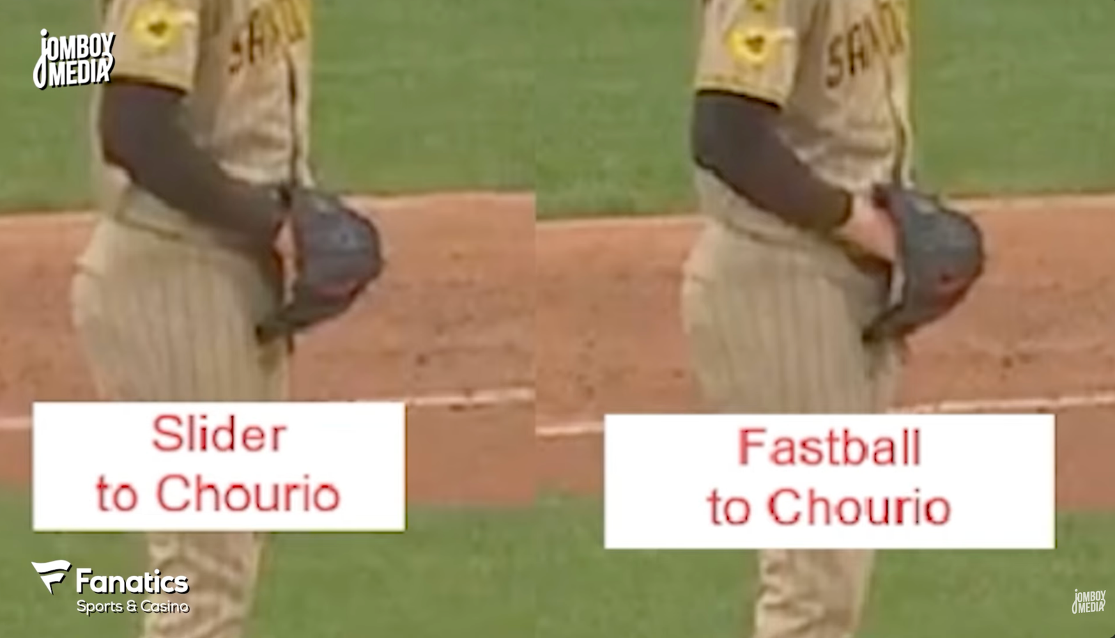 A comparison shown in Jomboy’s video labels Miller’s slider to Chourio on the left and fastball to Chourio on the right.