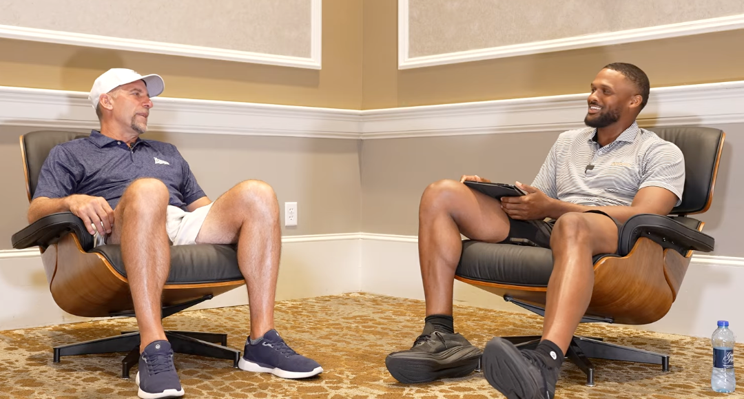 John Smoltz, left, and Brice Butler seated in chairs during the Brice Butler Studios interview.