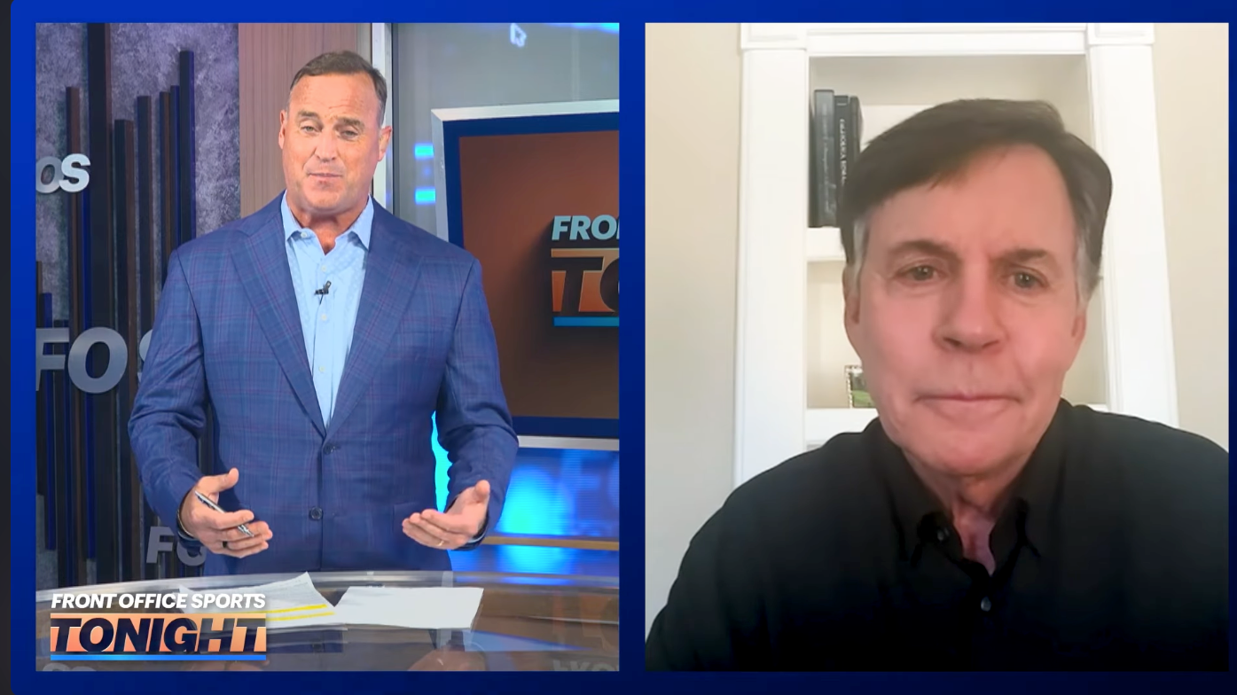 Front Office Sports Tonight host Matt Iseman, left, interviews Bob Costas on a split screen.