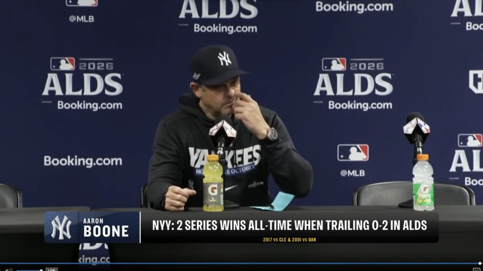 Aaron Boone at the postgame press conference after Yankees–Rays ALDS Game 2.