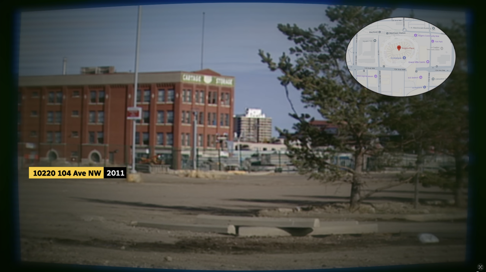 An archival 2011 view of the Capital Storage building and parking area at the future Rogers Place site