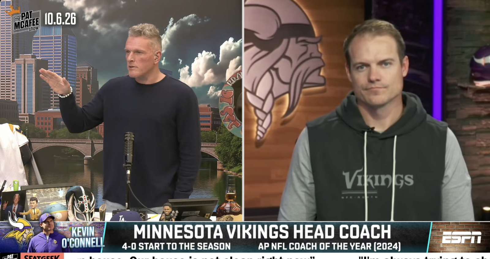 Pat McAfee, left, speaks with Kevin O’Connell in a split-screen interview on The Pat McAfee Show