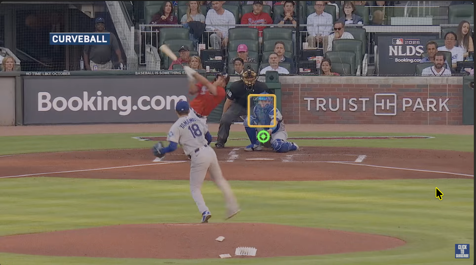 Yoshinobu Yamamoto pitching to an Atlanta batter in a FOX replay labeled Curveball.