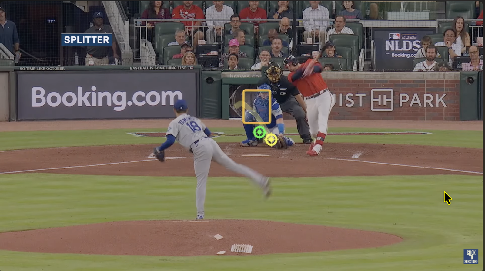 Yoshinobu Yamamoto pitching to an Atlanta batter in a FOX replay labeled Splitter.