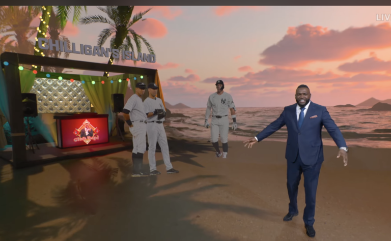 David Ortiz in FOX's Chilligan's Island comedy sketch with composited Yankees figures behind him