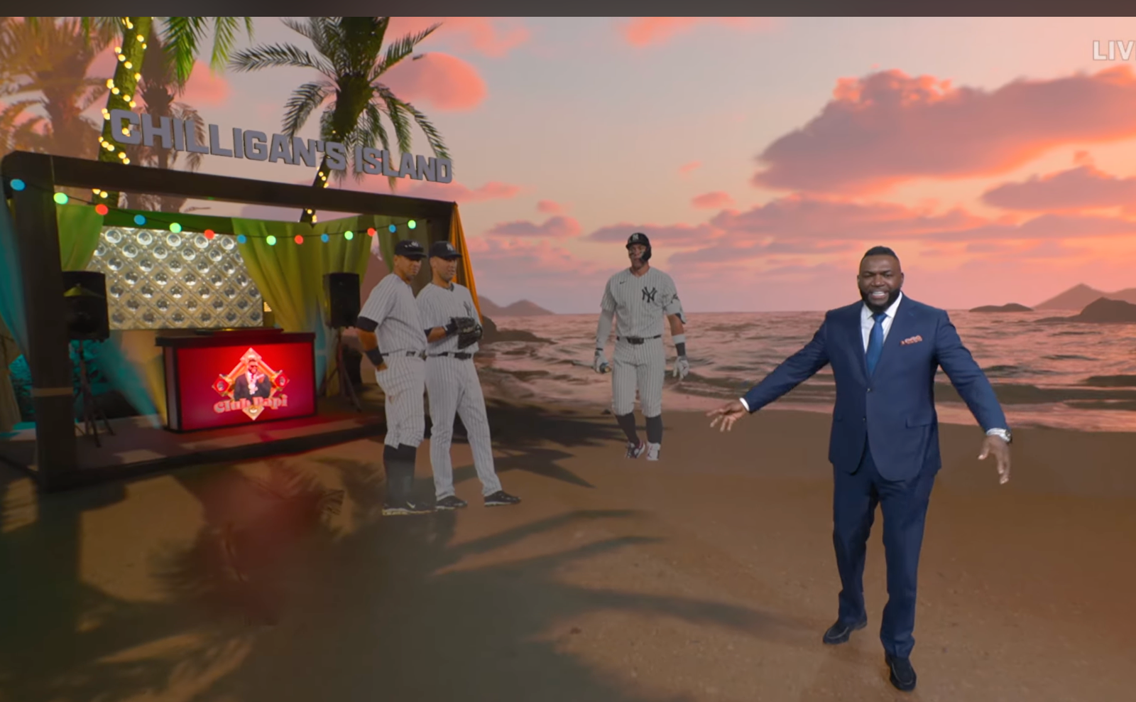 David Ortiz in FOX's Chilligan's Island comedy sketch with composited Yankees figures behind him