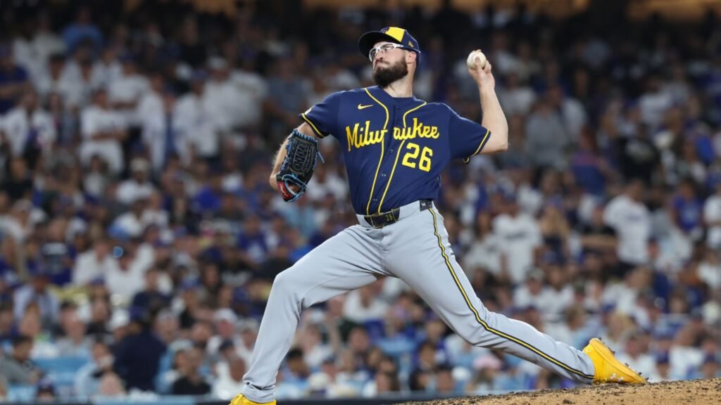 Aaron Ashby pitching for the Brewers against the Dodgers in NLCS Game 4 on October 15, 2026.