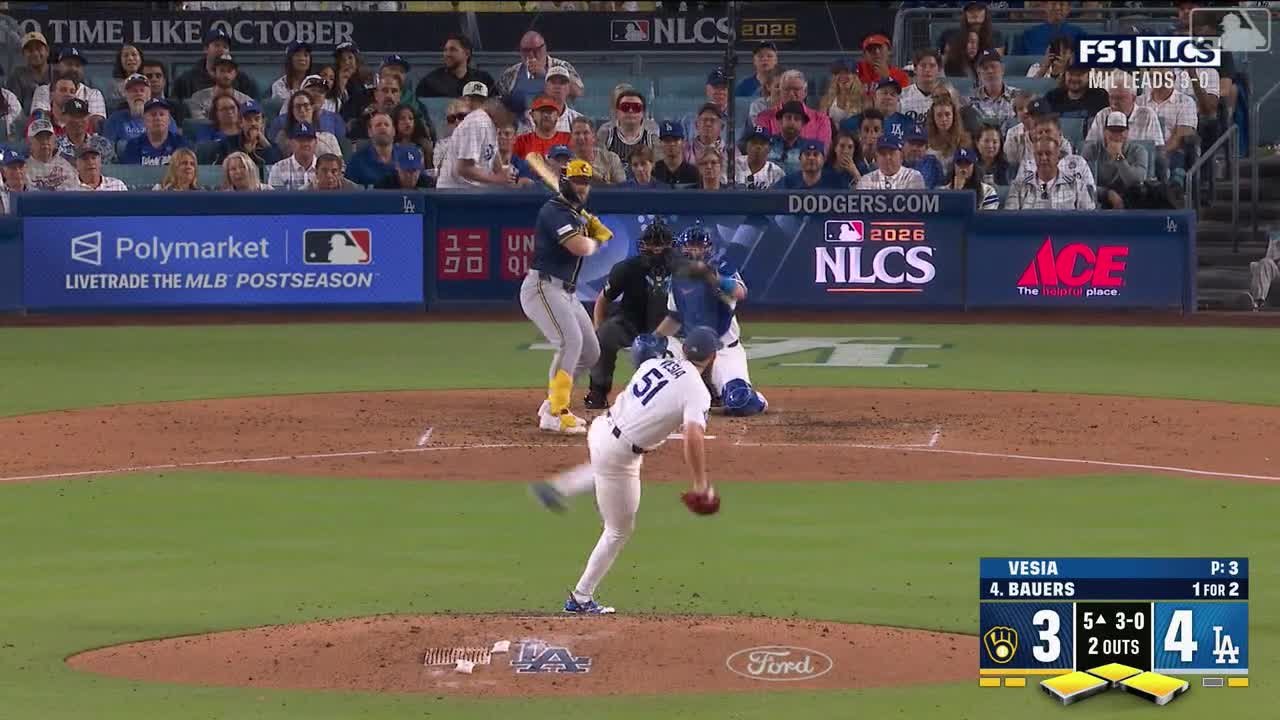 Alex Vesia pitching to Jake Bauers with the bases loaded in the fifth inning of NLCS Game 4 on October 15, 2026.