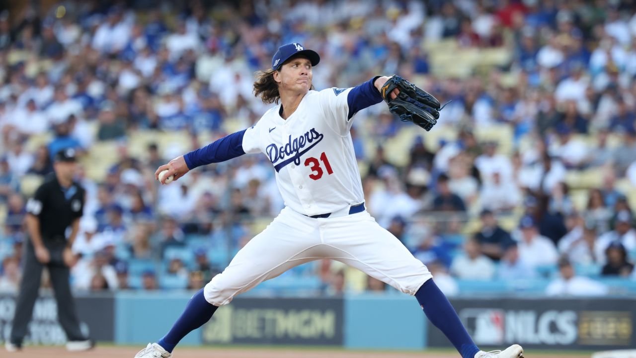 Tyler Glasnow pitching for the Dodgers against the Brewers in NLCS Game 4 on October 15, 2026.
