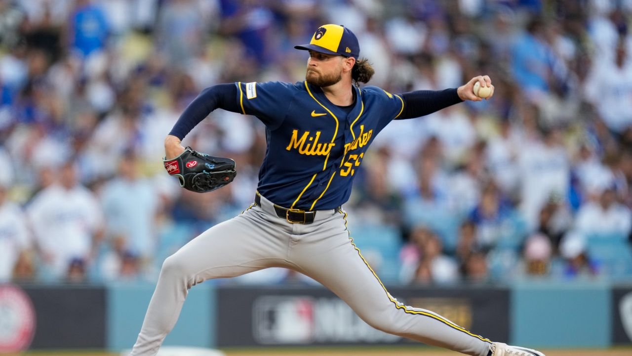 Shane Drohan pitching for the Brewers against the Dodgers in NLCS Game 4 on October 15, 2026.