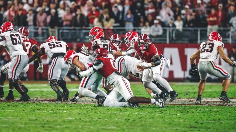 Alabama&rsquo;s Yhonzae Pierre makes a tackle against Georgia on October 10, 2026, at Bryant-Denny Stadium