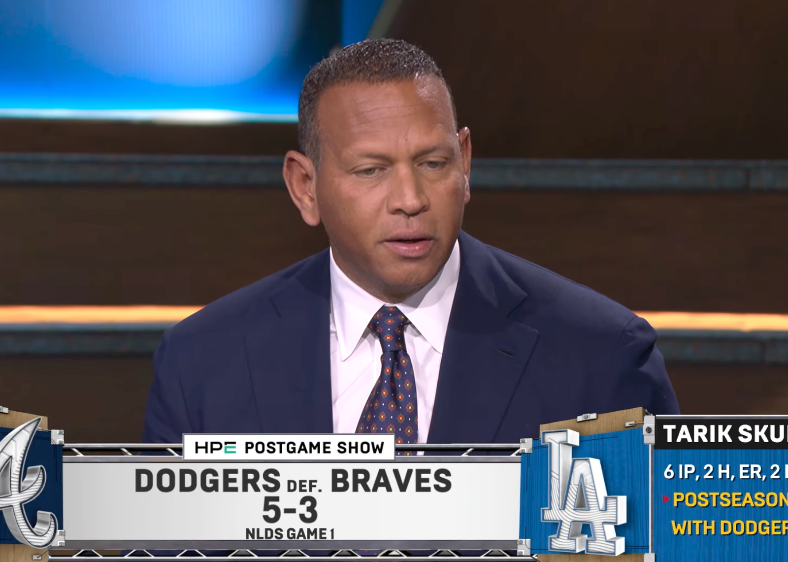 Alex Rodriguez speaks on FOX Sports’ studio set after Dodgers–Braves NLDS Game 1 on October 3, 2026.