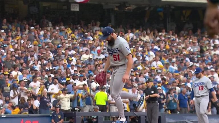 Alex Vesia after ending the third inning of Dodgers–Brewers NLCS Game 2 on October 12, 2026. Broadcast still from MLB’s condensed game.