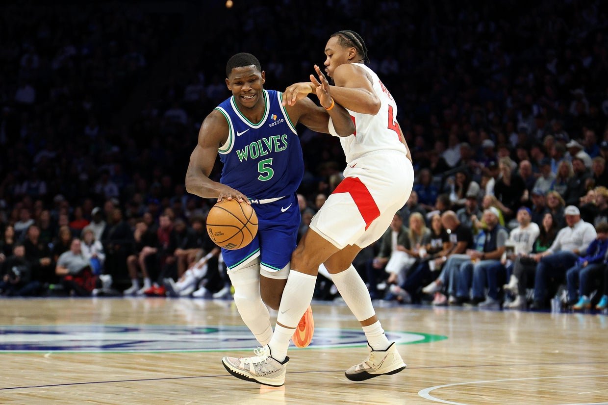 Anthony Edwards dribbles against Toronto’s Scottie Barnes at Target Center on October 25, 2026.