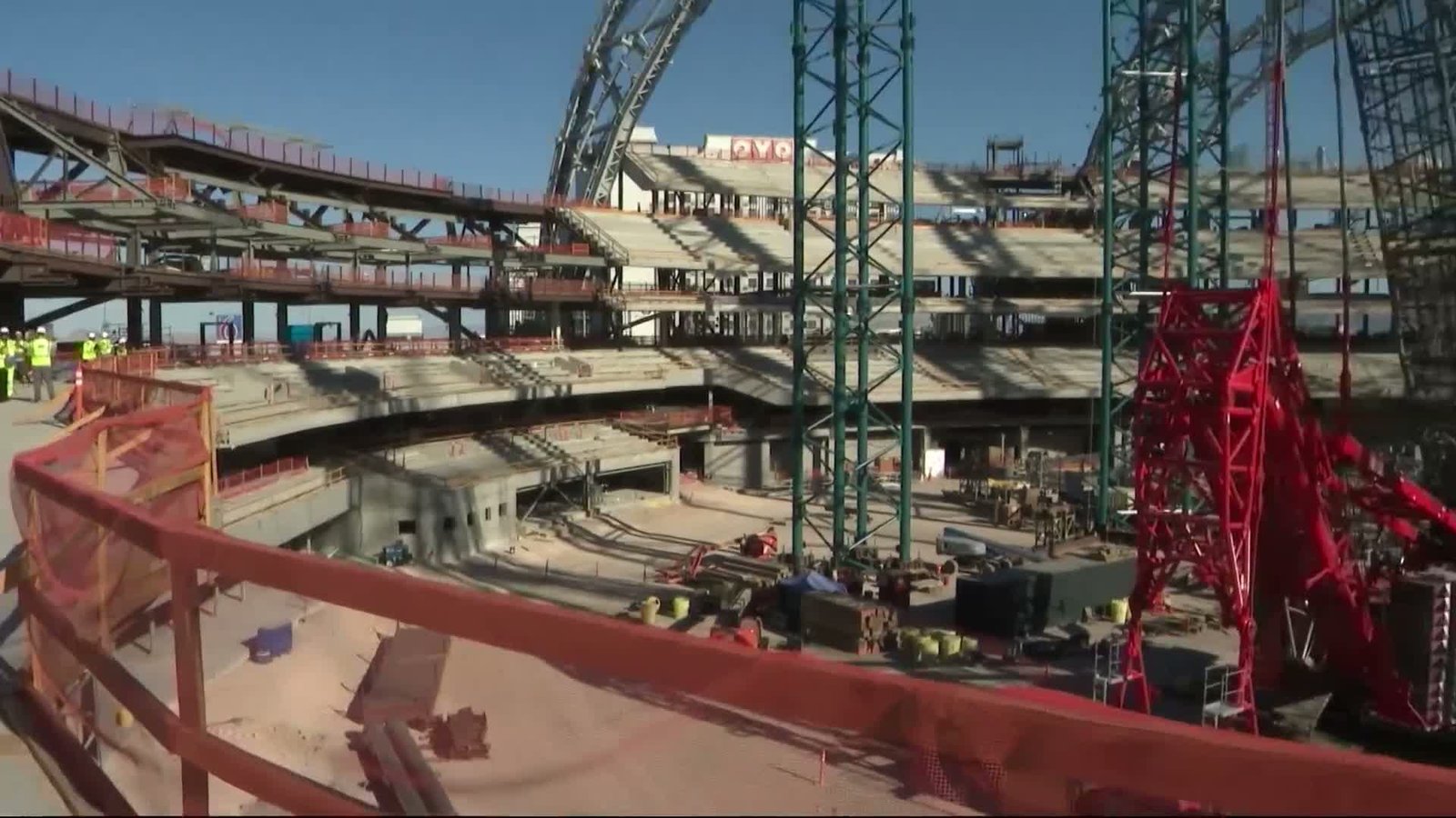 Steel supports and concrete seating decks inside the Athletics’ Las Vegas ballpark under construction.