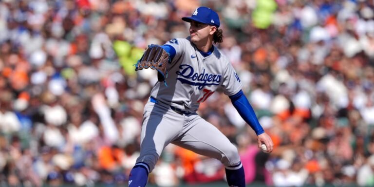 Dodgers left-hander Justin Wrobleski preparing to deliver a pitch in a gray road uniform.
