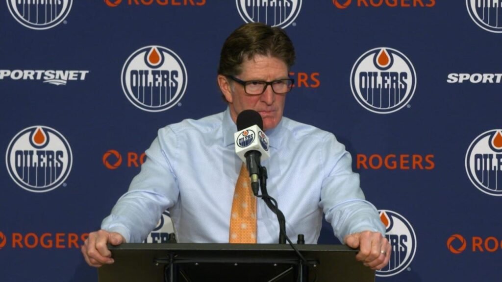 Mike Babcock at the Oilers’ postgame podium.