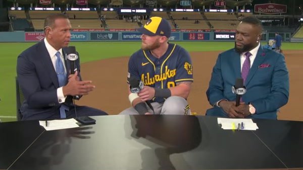 Jake Bauers sits between Alex Rodriguez and David Ortiz at FOX’s postgame desk.
