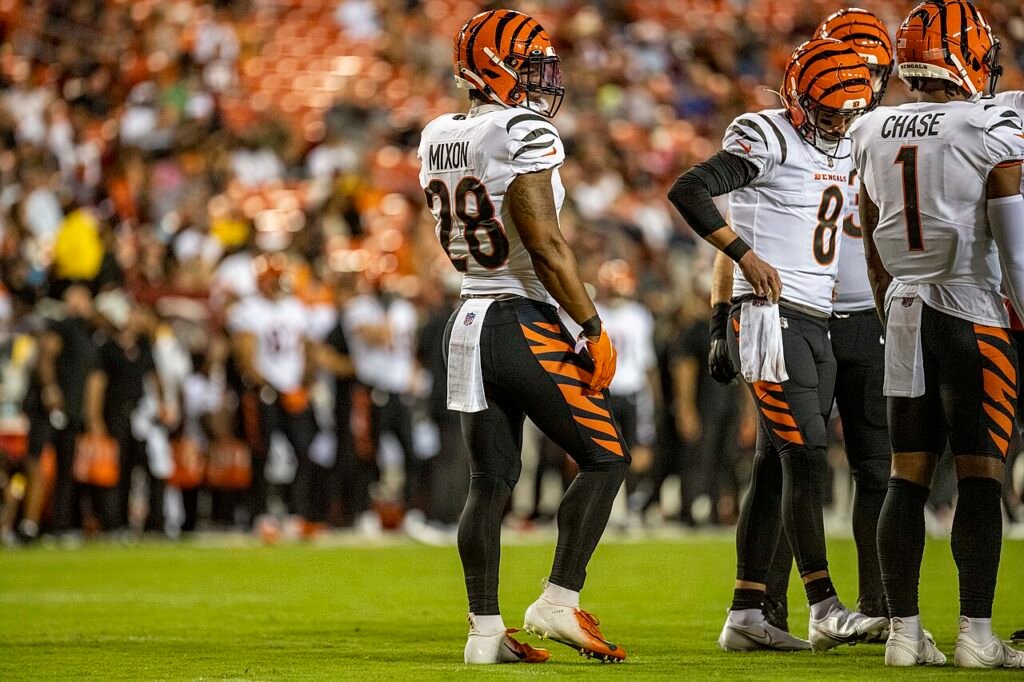 Bengals players including Ja’Marr Chase, number 1, on the field at Washington in August 2021.