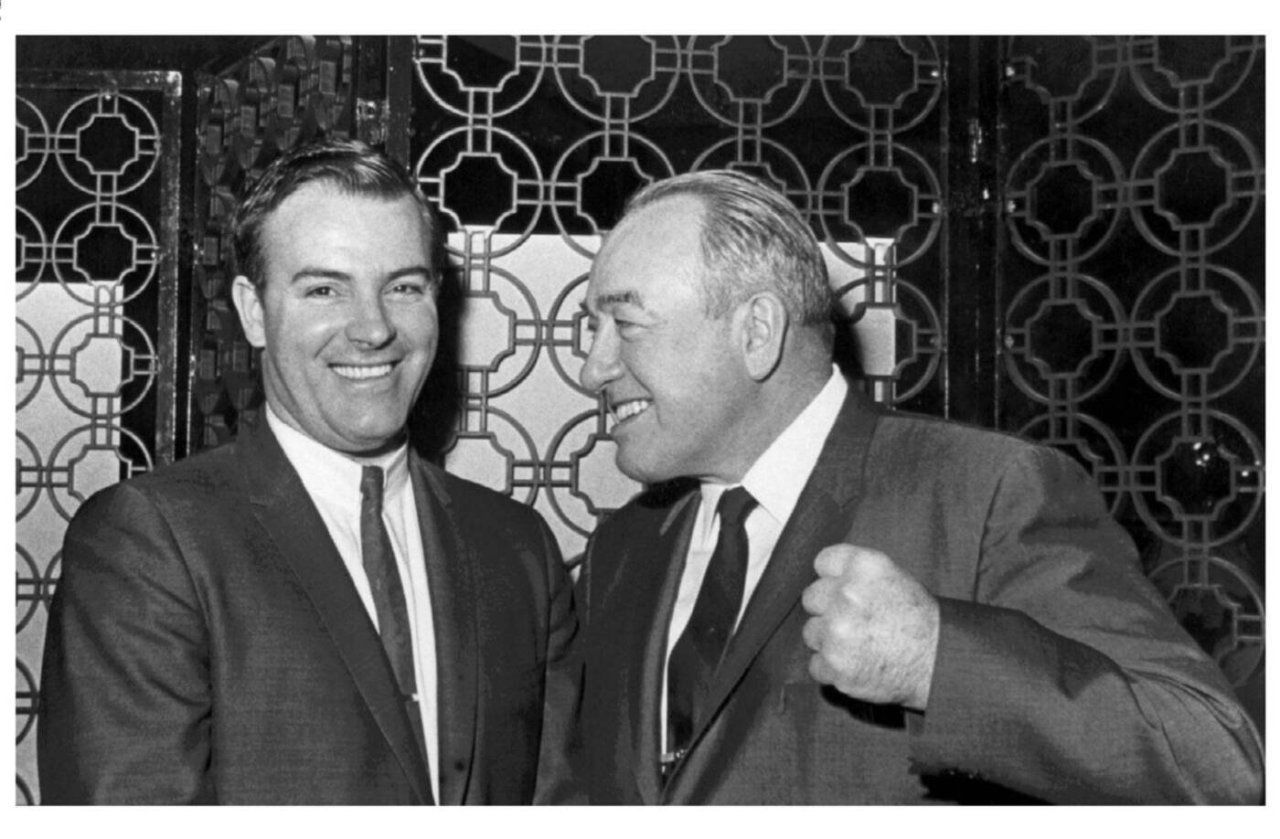 Scotty Bowman, left, and Toe Blake together in an archival black-and-white photograph identified as 1969.