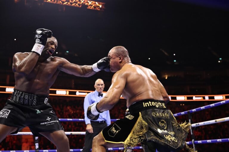 Daniel Dubois lands a left hand against Fabio Wardley in their London title rematch.