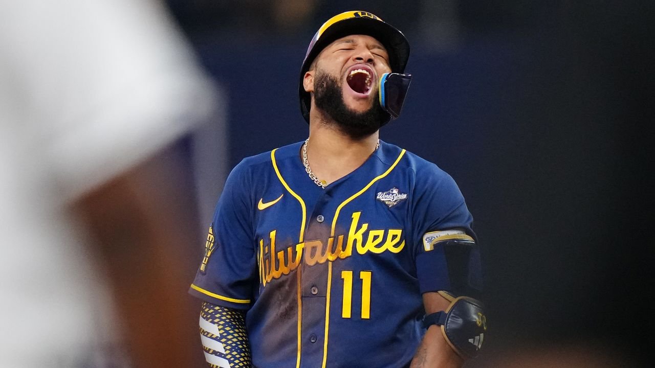 Jackson Chourio reacts during World Series Game 3 between the Milwaukee Brewers and Tampa Bay Rays at Tropicana Field on October 26, 2026.