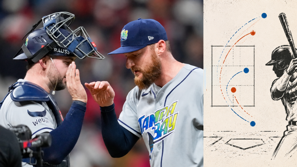 Bryan Baker greets Tampa Bay’s catcher after ALCS Game 5 beside an illustrative pitching analysis panel.