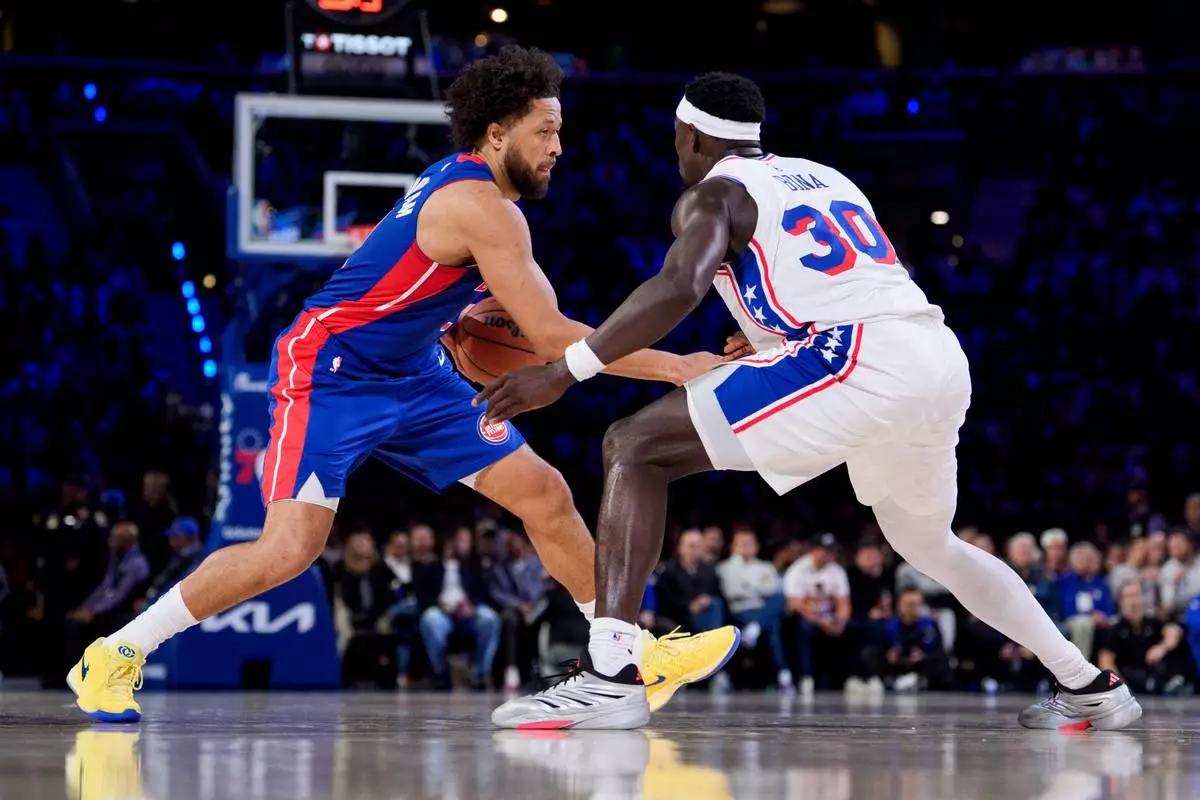 Cade Cunningham drives against Philadelphia’s Adem Bona on October 25, 2026.