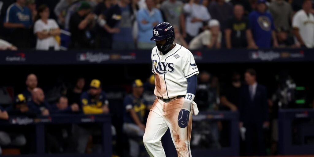Junior Caminero in a Rays uniform at Tropicana Field.