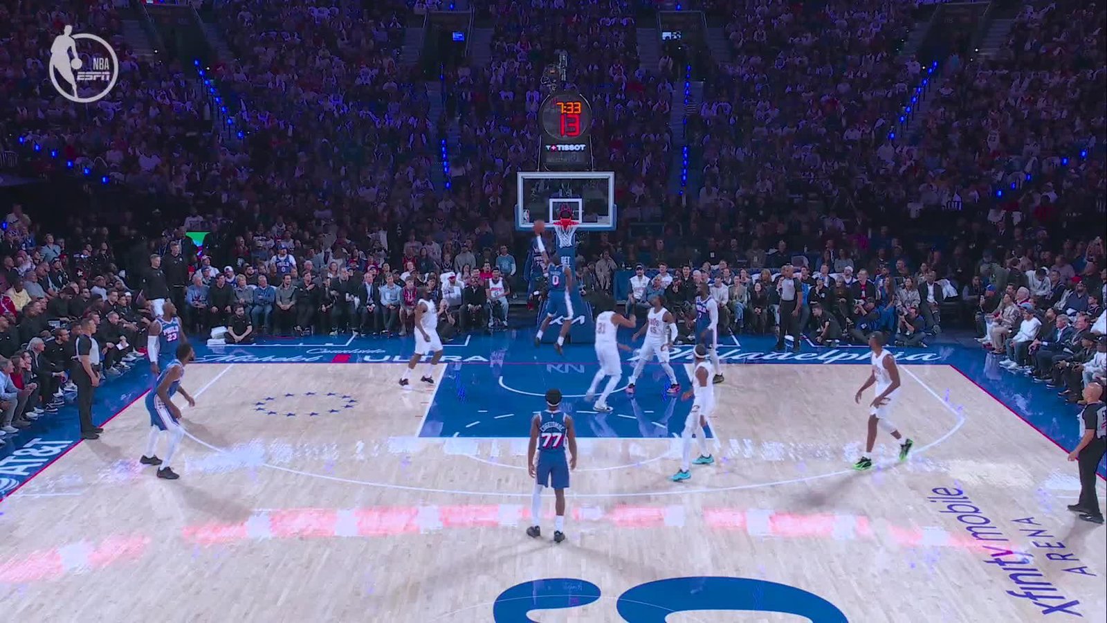 Philadelphia guard Tyrese Maxey rises toward the basket against Cleveland in an ESPN broadcast still.