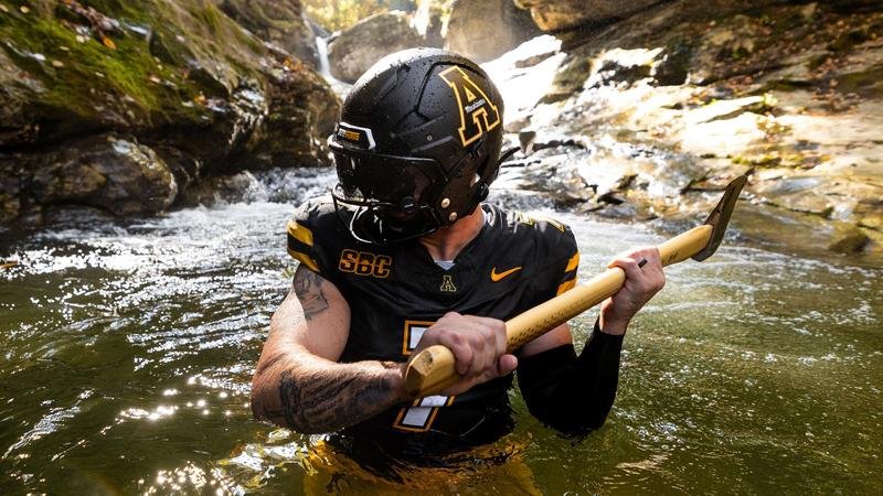 An App State football player wearing the uniform for the Coastal Carolina game.
