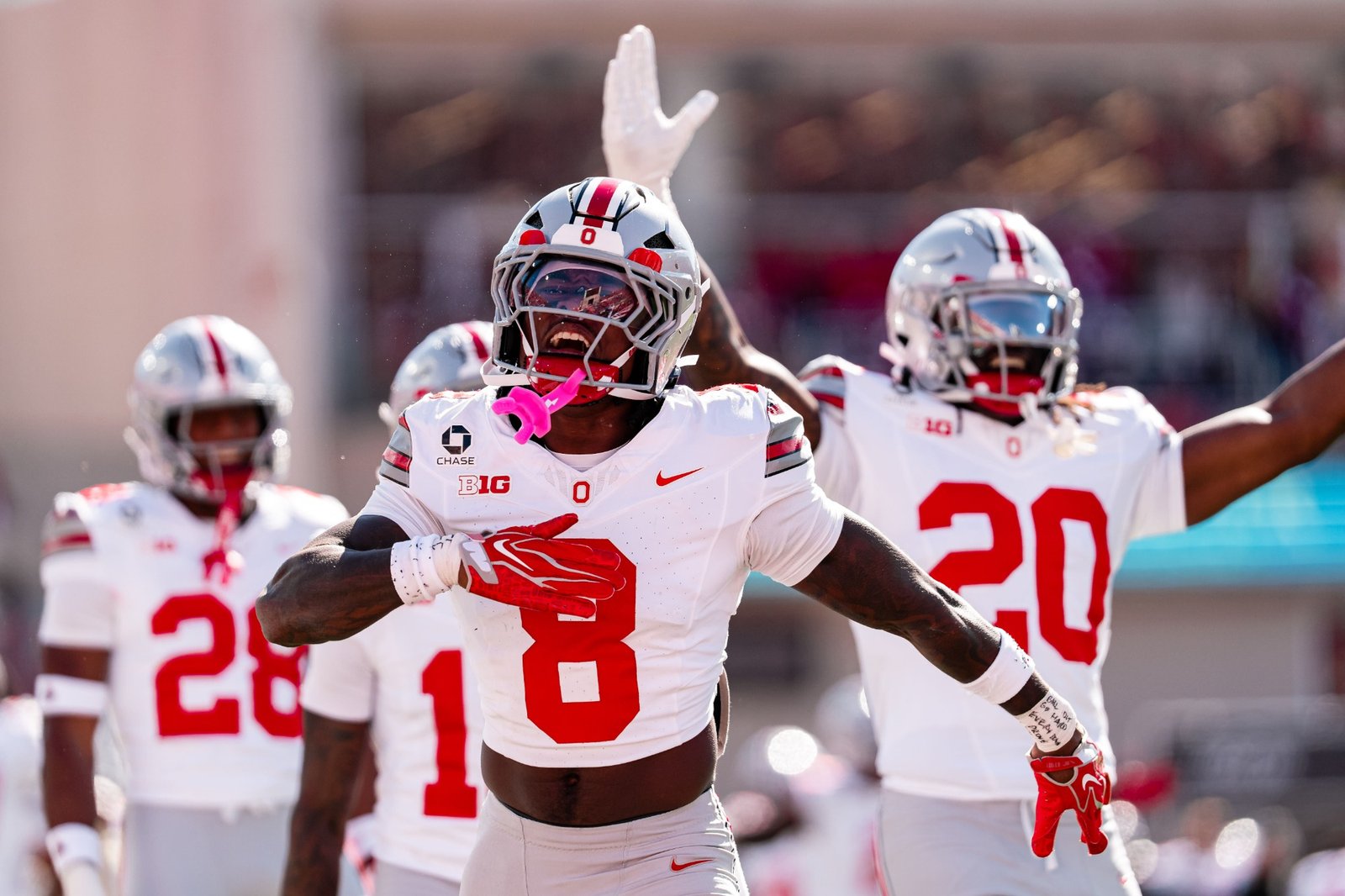Ohio State football players celebrate together during the Indiana game.