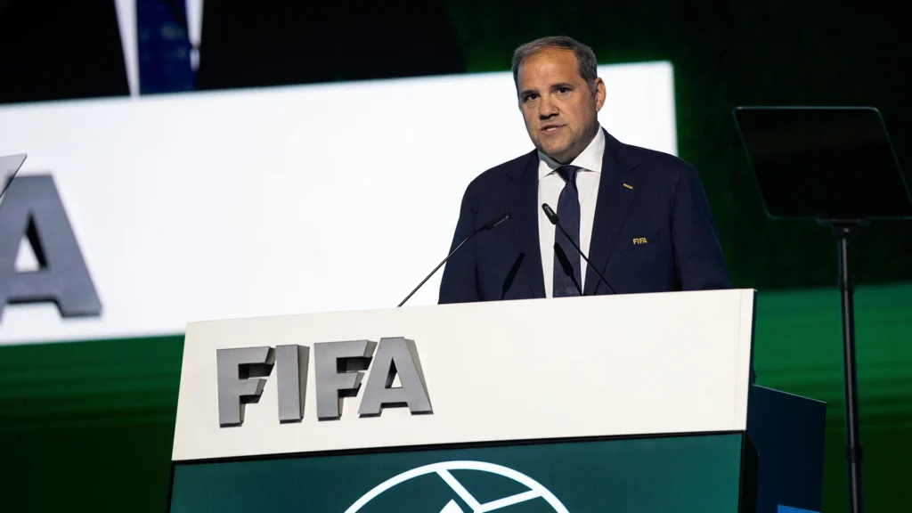 Victor Montagliani speaks at the 2026 FIFA Congress in Vancouver.