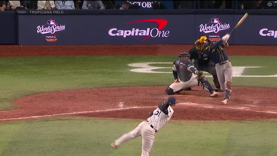 Cooper Pratt swings for his go-ahead home run in the 12th inning of World Series Game 4 against Tampa Bay.