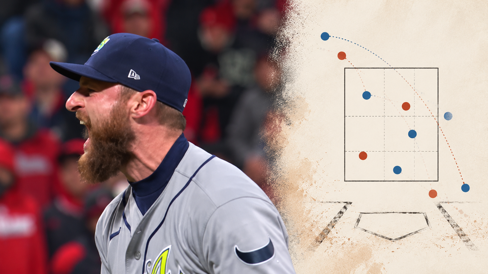 Bryan Baker in Tampa Bay uniform beside an illustrative strike-zone analysis panel