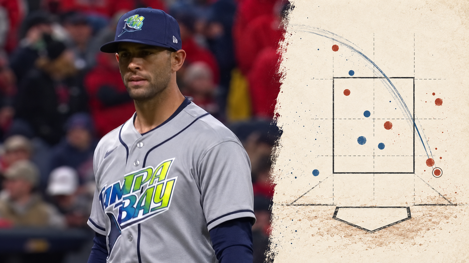 Nick Martinez in Tampa Bay uniform beside an illustrative strike-zone analysis panel