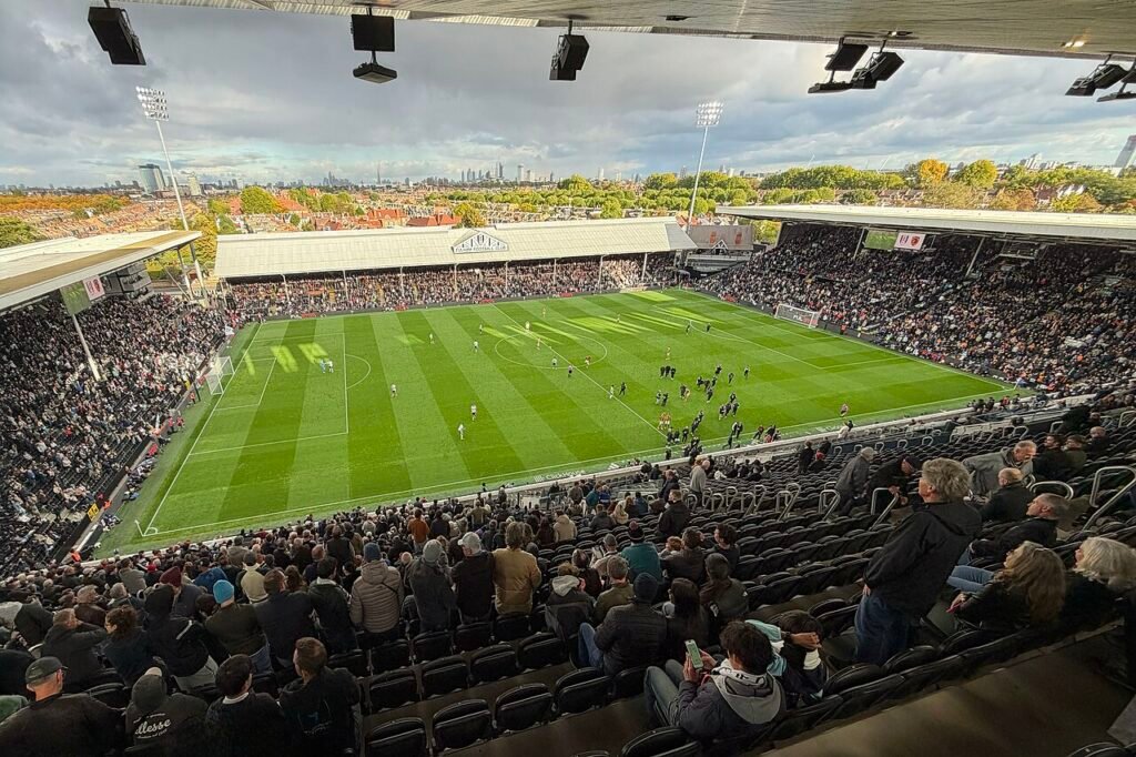 Craven Cottage viewed from the Riverside Stand toward the Johnny Haynes Stand on October 17, 2026.