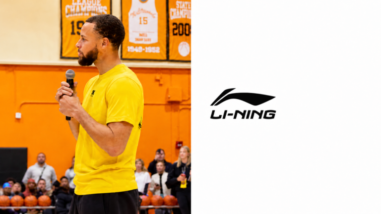 Split image with Stephen Curry in a yellow shirt on the left and the black Li-Ning logo on white on the right.